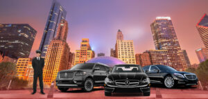 Luxury Black Car Fleets and Chauffeur standing infront on Skyscrapers