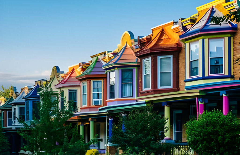 Colorful row houses on Guilford Avenue, in Charles Village, Baltimore, Maryland