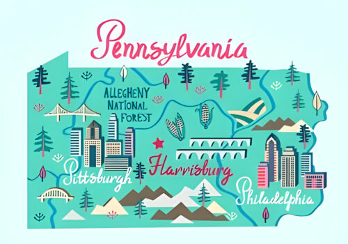 Illustrated map of Pennsylvania, USA. Travel and attractions