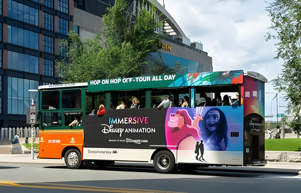 Boston, Massachusetts, USA – August 12, 2023: Hop-On Hop-Off tourist bus, Boston downtown, Massachusetts, USA.