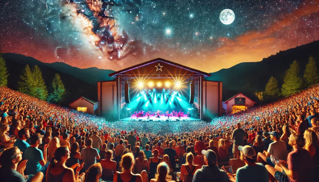 A vibrant concert at Alpine Valley Music Theater with a large crowd, a brightly lit stage, and a beautiful night sky filled with stars