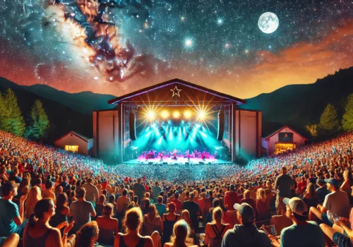 A vibrant concert at Alpine Valley Music Theater with a large crowd, a brightly lit stage, and a beautiful night sky filled with stars
