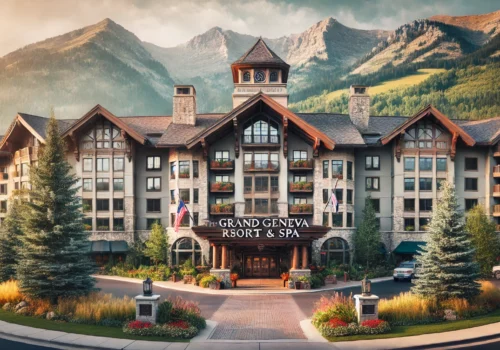 Exterior view of The Grand Geneva Resort & Spa near Alpine Valley, showcasing the entrance and lush surroundings